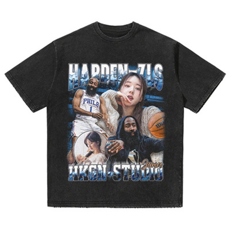 Bf Style Retro American High Street Leisure Washed T-Shirt Figure Leisure Printing - Image 1